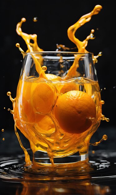 Orange juice is poured into a glass orange juice splatters