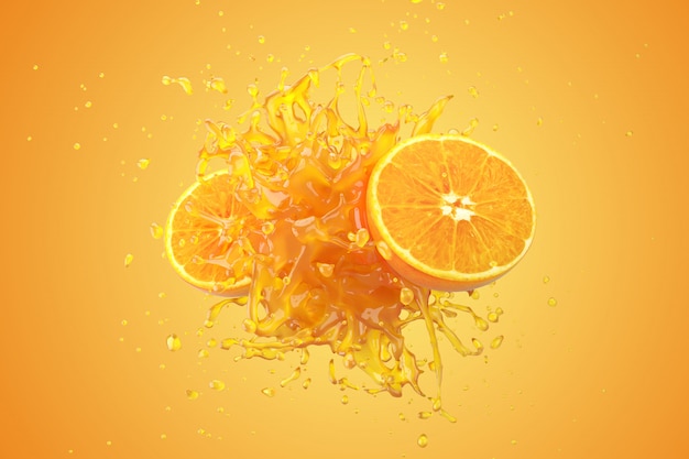 Orange juice liquid with Orange fruit on yellow background 3D Render