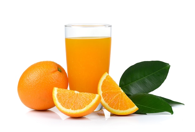 Orange juice and orange on white wall