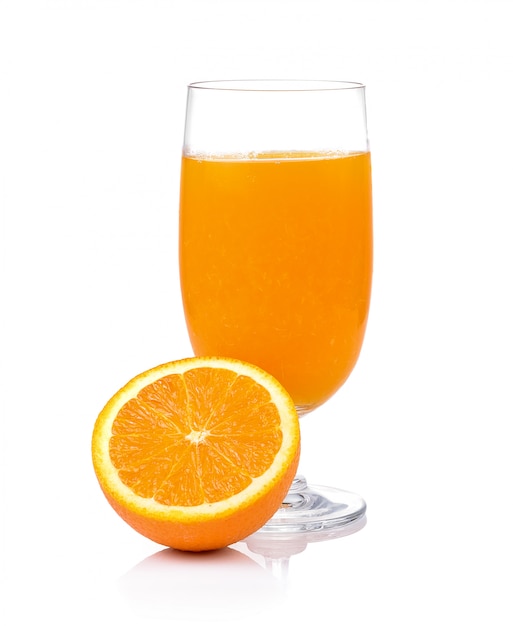 Orange juice and orange on white wall