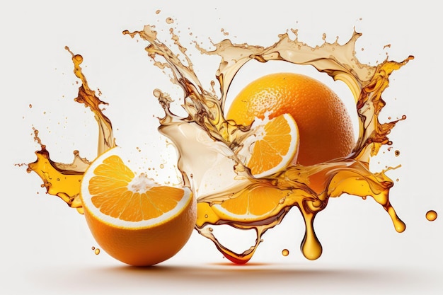 Orange juice and oranges splashed on a white background