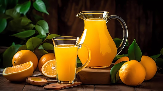 Orange juice in a pitcher and a pitcher