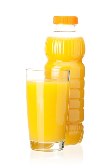 Orange juice in plastic bottle and glass on white background