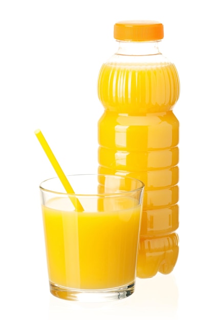 Orange juice in plastic bottle and glass on white background