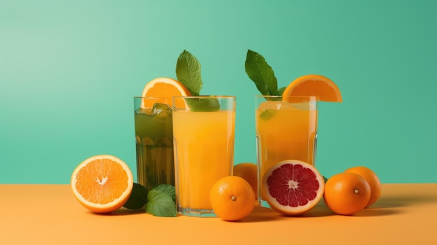 Orange juice in a row with oranges and grapefruit