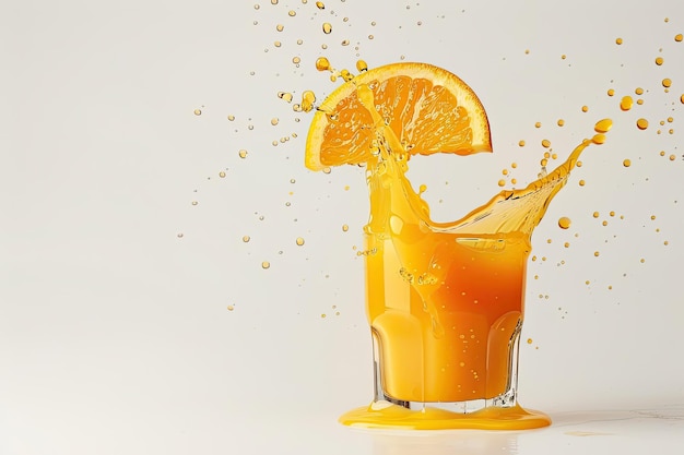 Orange Juice Splash with Glass and Drops Isolated on White Background