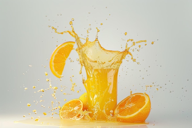 orange juice splashing with its fruits isolated on white