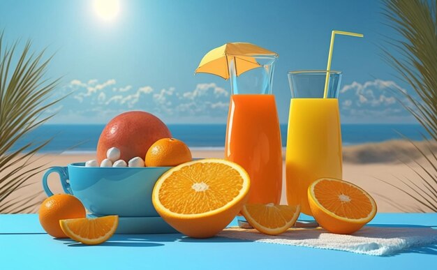 Orange juice with fruit on wooden table with beach and hot sun as background summer photo concept generative AI