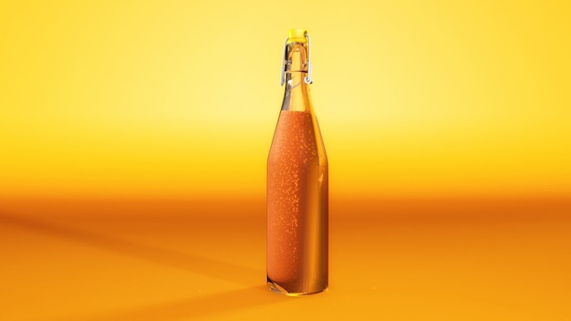 Orange juice with soda in glass bottle with orange background. Drink and freshness beverage concept. 3D illustration rendering