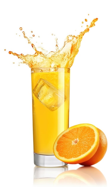 Orange juice with splashes with orange fruit in isolated white background studio shot