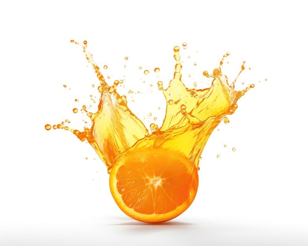 Orange juice with splashes with orange fruit in isolated white background studio shot