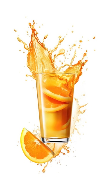 Orange juice with splashes with orange fruit in isolated white background studio shot