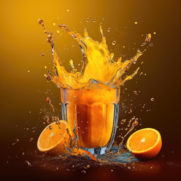 Orange juice with splashes with orange fruit in studio background restaurant with garden