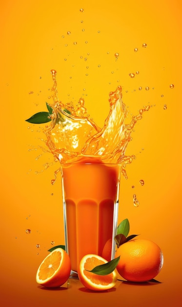 Orange juice with splashes with orange fruit in studio background restaurant with garden