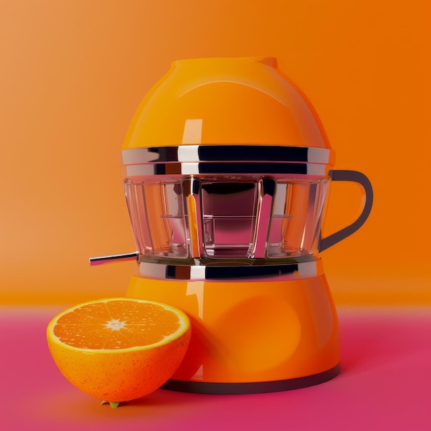 Photo orange juicer and half an orange fruit on a pink and orange background