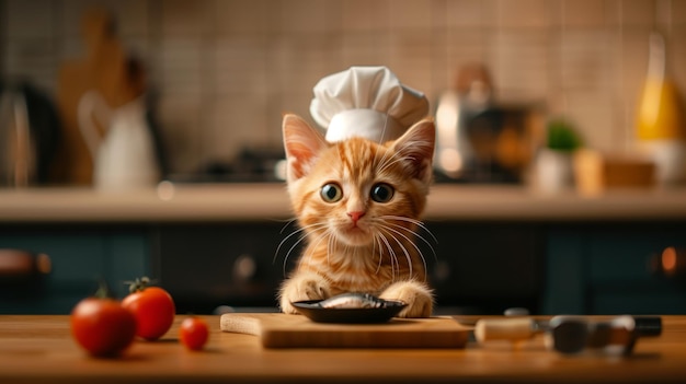 Photo orange kitten in a chefs hat cooks fish in a kitchen