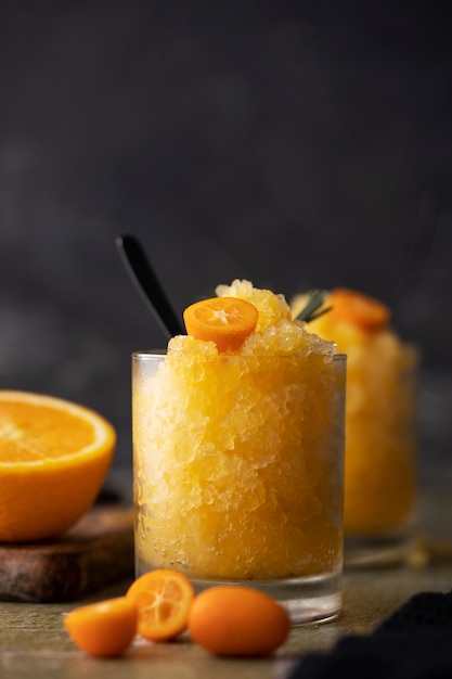 Orange and kumquat granita dessert