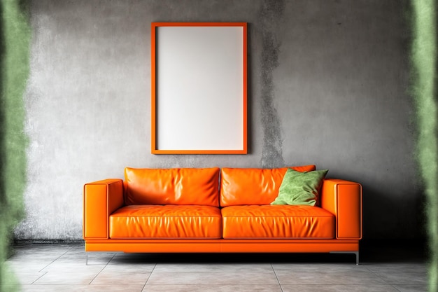 Orange leather sofa and faux poster frame on concrete wall in living room