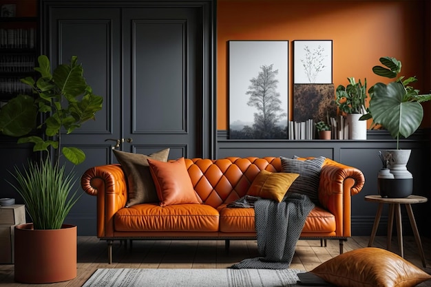 Orange leather sofa in a minimally decorated two toned room in the Nordic style