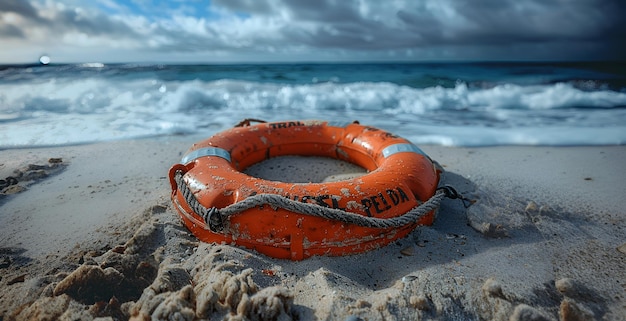 Photo an orange life preserver is laying on the beach