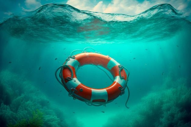 Orange lifebuoy underwater Lifebuoy sinks to the bottom of the sea Generative AI