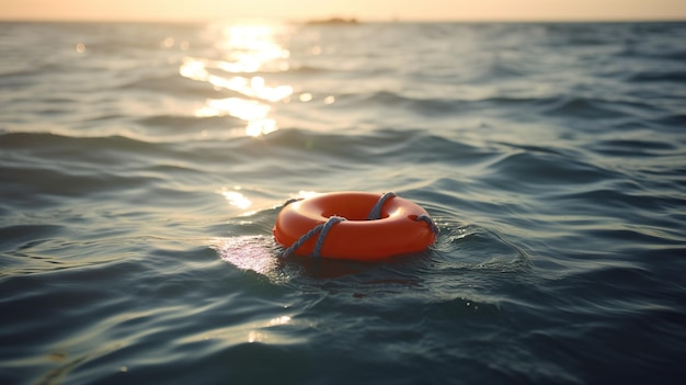 Orange lifebuoy on the water in the blue sea Safety on the water rescue of a drowning person