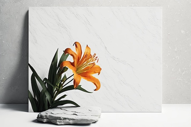 Orange lily blossom on white porous stone Copyspace image