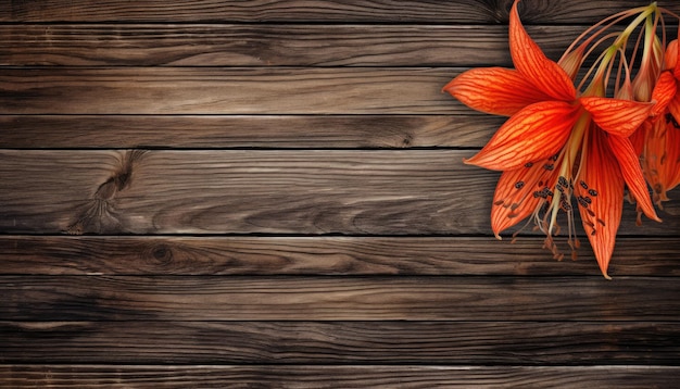 Orange lily flower on a wooden background Place for text