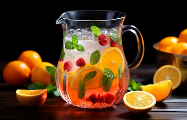 Orange lime and champagne fruit punch on iceFruit Punch in carafe