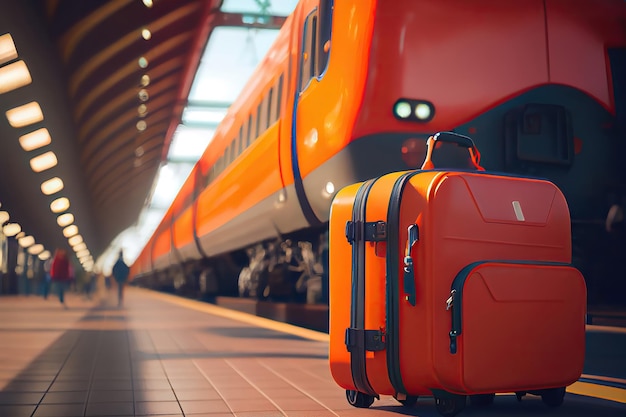 Orange luggage at a railway station in front of a train made with Generative AI