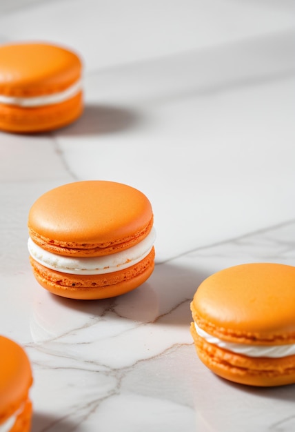 Orange macaron with white cream on marble floor