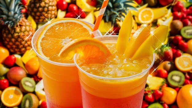 Orange and mango fruit healthy fresh drink in plastic cups on bright background