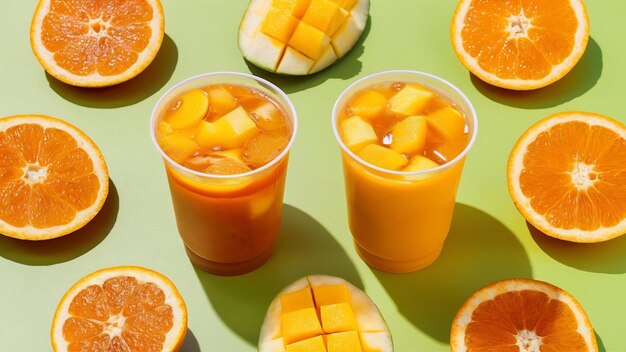 Orange and mango fruit healthy fresh drink in plastic cups on bright background