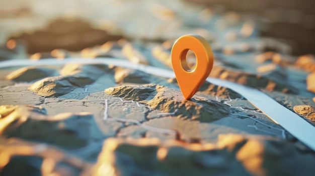 Photo an orange map pin stands prominently on a detailed topographical map signifying a specific location amidst a varied landscape