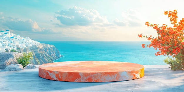 Orange Marble Podium Overlooking a Greek Island Town and Blue Sea