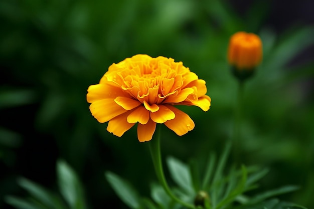 Orange marigold flower with green leaves in the garden background