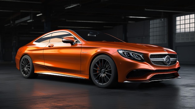 An orange mercedes - benz coupe is parked in a garage.