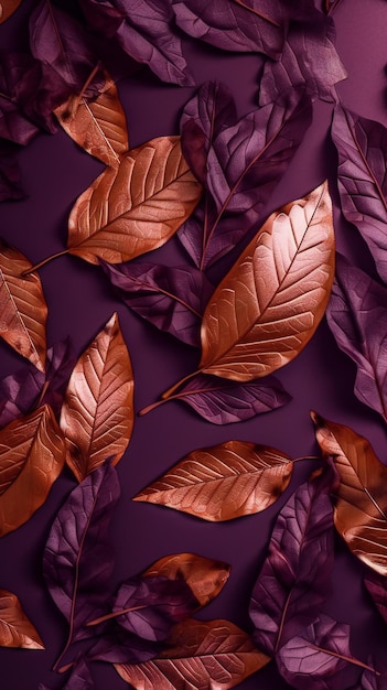 Orange metallic leaves on violet background nature plants and trees