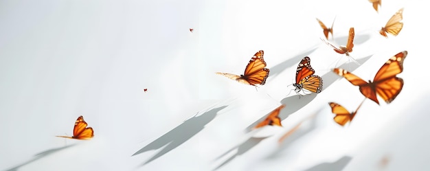 Photo orange monarch butterflies in flight with shadows on a white background