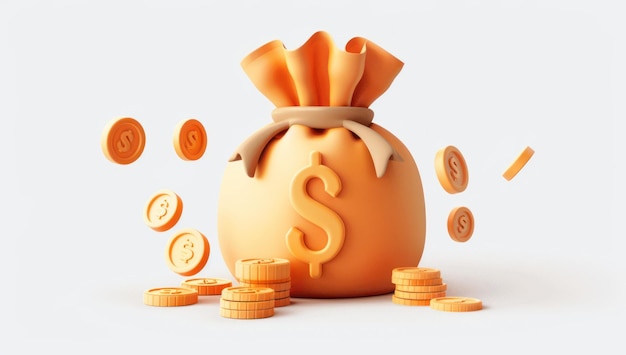 Orange Money Bag with Dollar Coins 3D Rendering