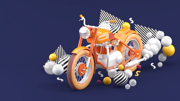 Orange motorcycle surrounded by colorful balls on purple. 3d render.