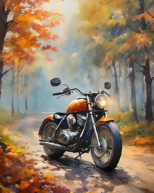 an orange motorcycle watercolor on a beautiful autumn background