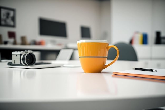 Orange mugs standing on the table in working room Generative AI