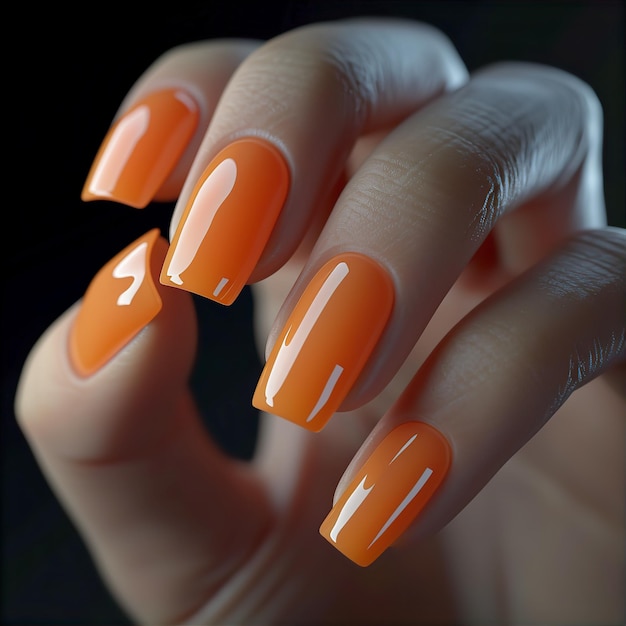 Orange nail polish on manicured fingernails