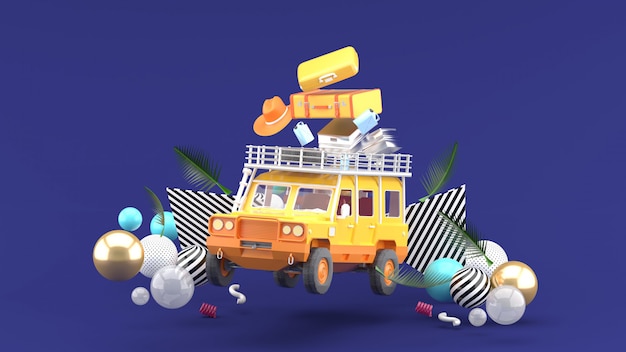 An orange off-road vehicle with luggage and colorful balls on purple. 3d rendering.