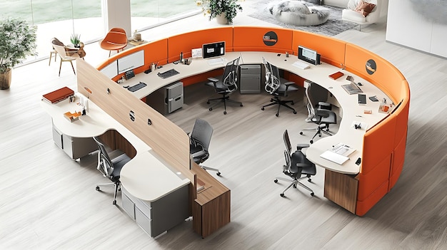 Photo orange office interior design 3d rendering workplace concept