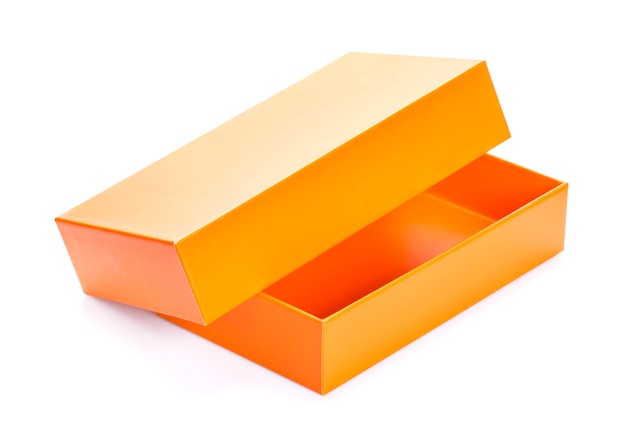 Orange open cardboard box mock up isolated on white , template for design