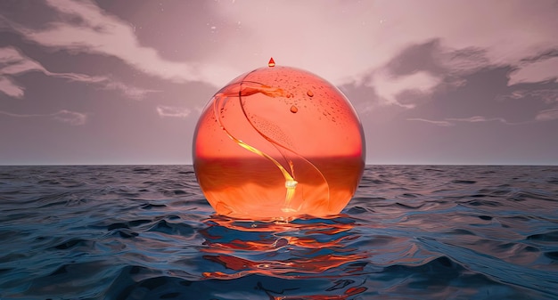 Photo orange orb made of glass with water drop color full sky delicately floating