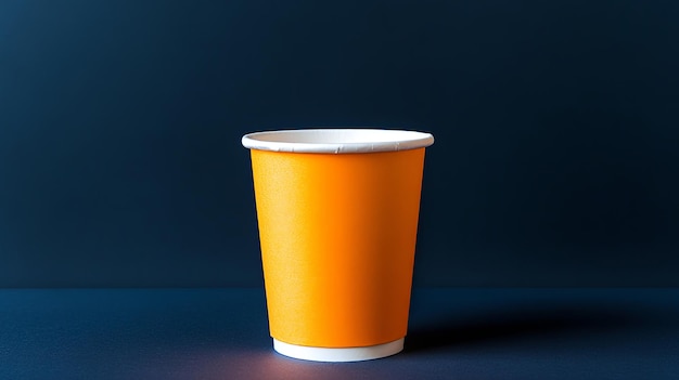 An orange paper cup stands on a dark blue surface against a dark blue background