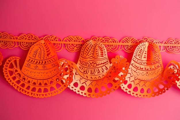 Orange papercut sombreros on pink for a festive Cinco de Mayo decoration